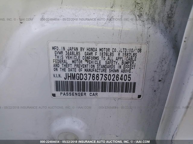 JHMGD37667S026405 - 2007 HONDA FIT S WHITE photo 9