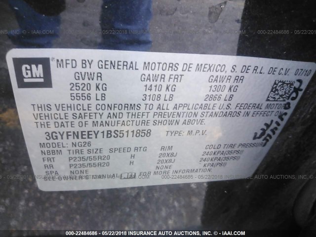 3GYFNEEY1BS511858 - 2011 CADILLAC SRX PERFORMANCE COLLECTION Қара фото 9