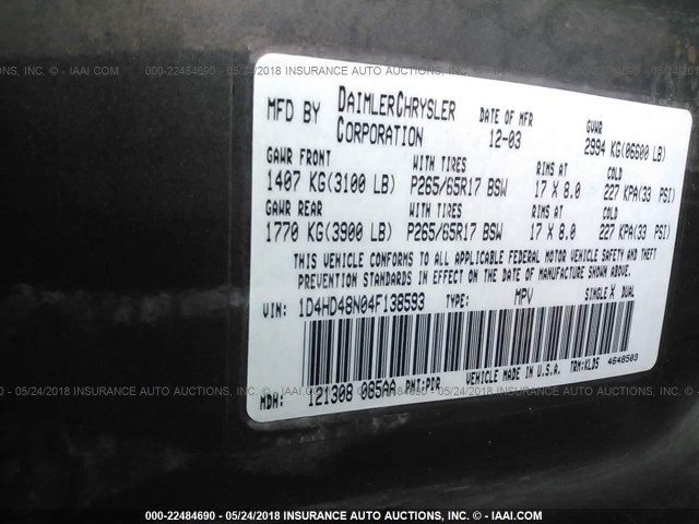 1D4HD48N04F138593 - 2004 DODGE DURANGO SLT GRAY photo 9