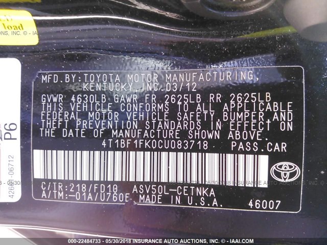 4T1BF1FK0CU083718 - 2012 TOYOTA CAMRY SE/LE/XLE 黑色 照片 9