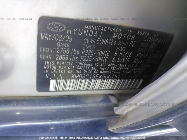 KM8SC13EX5U019177 - 2005 HYUNDAI SANTA FE GLS/LX SILVER photo 9