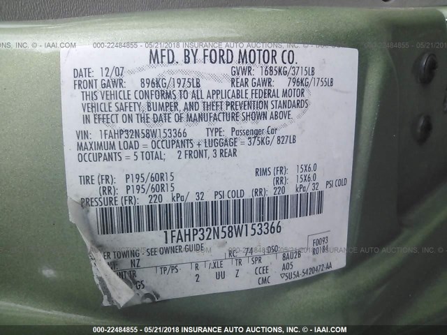 1FAHP32N58W153366 - 2008 FORD FOCUS S/SE GREEN photo 9