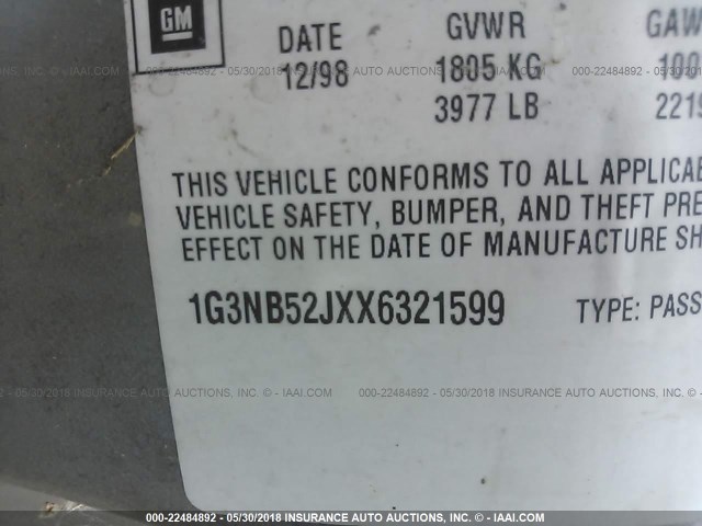 1G3NB52JXX6321599 - 1999 OLDSMOBILE CUTLASS GL GOLD photo 9