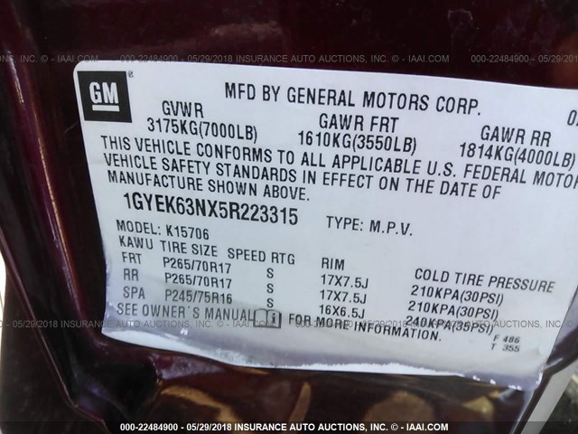 1GYEK63NX5R223315 - 2005 CADILLAC ESCALADE LUXURY RED photo 9