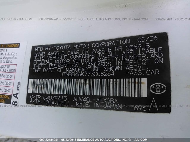 JTNBB46K773008264 - 2007 TOYOTA CAMRY NEW GENERAT HYBRID WHITE photo 9