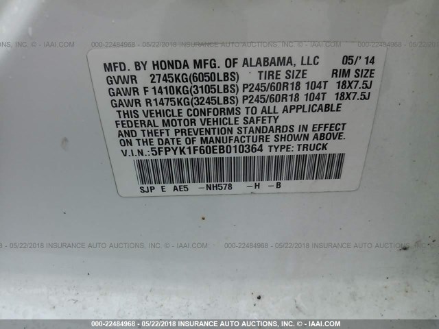 5FPYK1F60EB010364 - 2014 HONDA RIDGELINE RTL-S WHITE photo 9