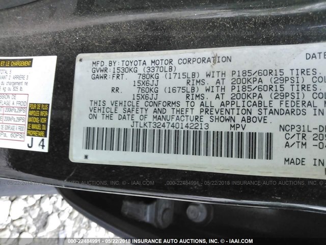 JTLKT324740142213 - 2004 TOYOTA SCION XB BLACK photo 9