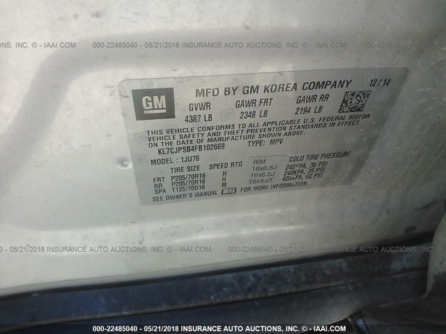 KL7CJPSB4FB102669 - 2015 CHEVROLET TRAX 1LS SILVER photo 9