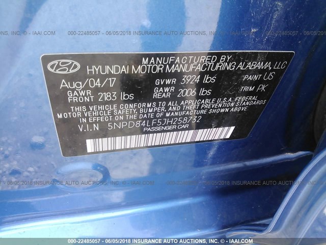 5NPD84LF5JG258732 - 2018 HYUNDAI ELANTRA SEL/VALUE/LIMITED BLUE photo 9