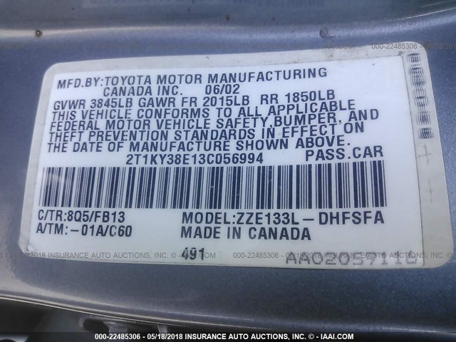 2T1KY38E13C056994 - 2003 TOYOTA COROLLA MATRIX XRS BLUE photo 9