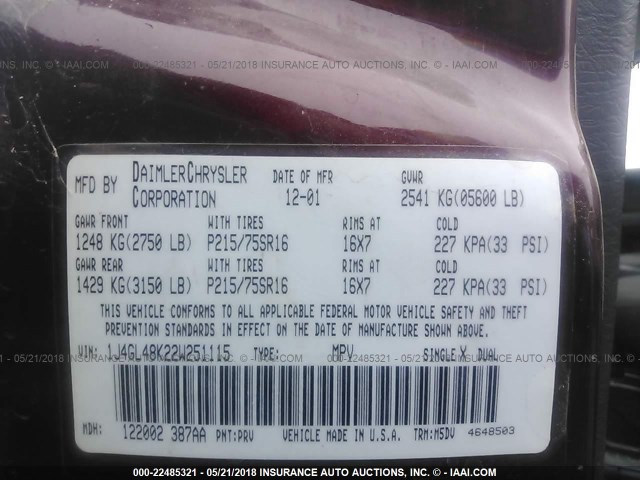 1J4GL48K22W251115 - 2002 JEEP LIBERTY SPORT Tünd qırmızı foto 9