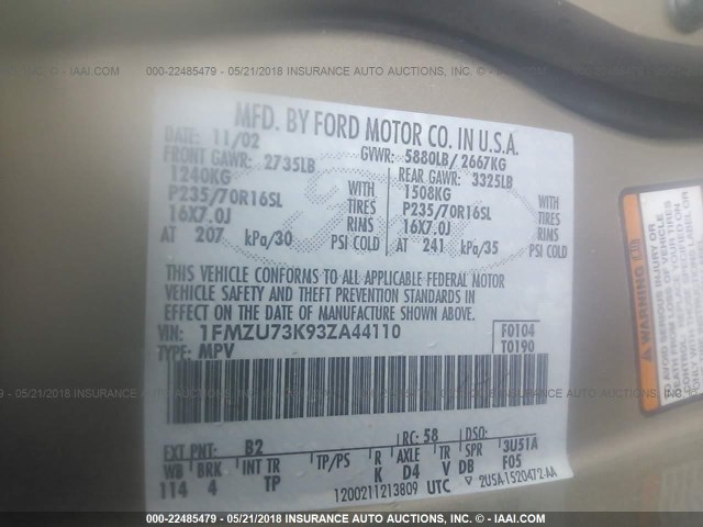 1FMZU73K93ZA44110 - 2003 FORD EXPLORER XLT/XLT SPORT/NBX GOLD photo 9