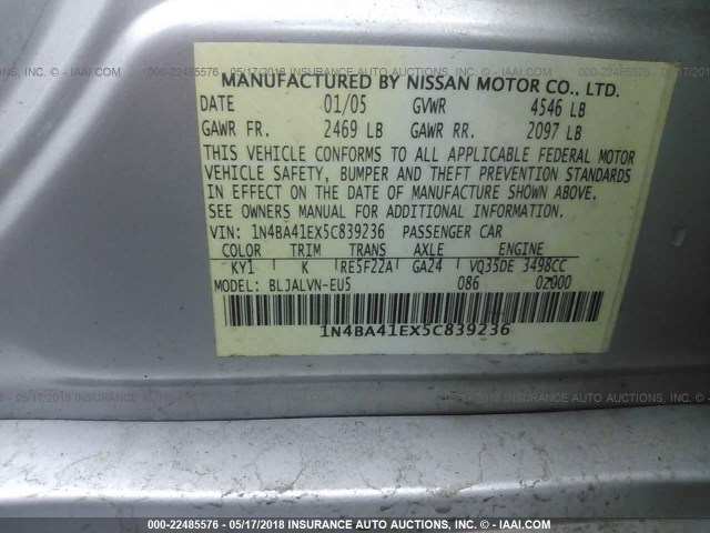 1N4BA41EX5C839236 - 2005 NISSAN MAXIMA SE/SL SILVER photo 9