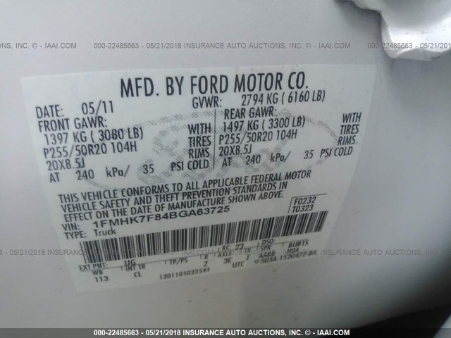 1FMHK7F84BGA63725 - 2011 FORD EXPLORER LIMITED 白色 照片 9