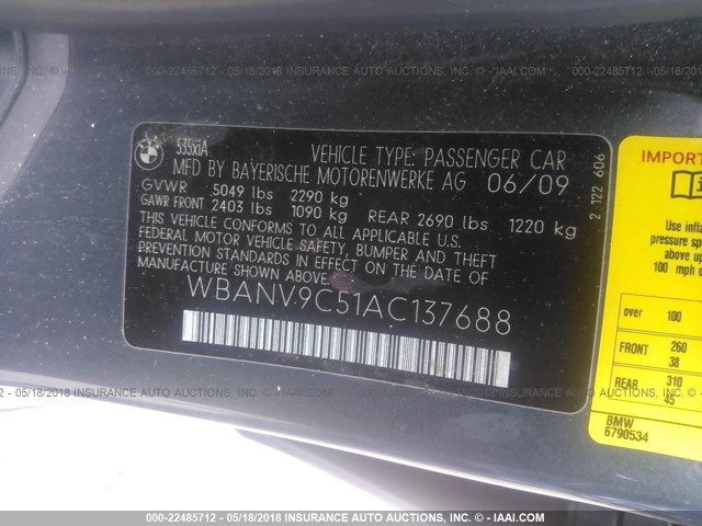 WBANV9C51AC137688 - 2010 BMW 535 XI Szary zdjęcie 9