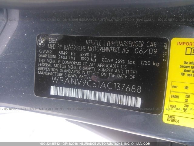 WBANV9C51AC137688 - 2010 BMW 535 XI GRAY photo 9