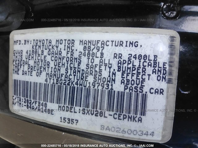 4T1BG22K4WU197931 - 1998 TOYOTA CAMRY CE/LE/XLE 黑色 照片 9