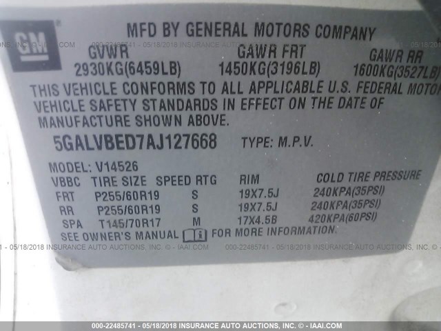 5GALVBED7AJ127668 - 2010 BUICK ENCLAVE CXL თეთრი ფოტო 9