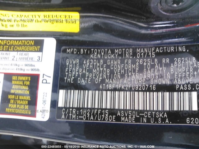 4T1BF1FK2FU920716 - 2015 TOYOTA CAMRY LE/XLE/SE/XSE Blau Foto 9