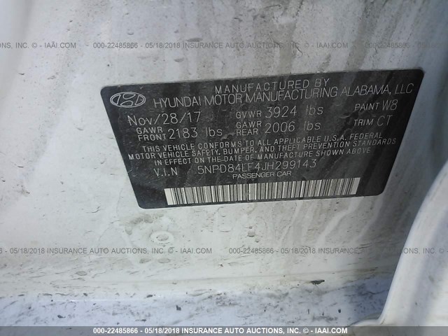 5NPD84LF4JH299143 - 2018 HYUNDAI ELANTRA SEL/VALUE/LIMITED WHITE photo 9