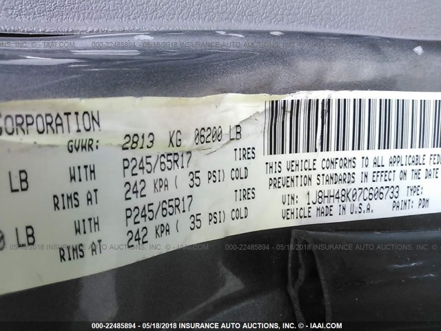 1J8HH48K07C606733 - 2007 JEEP COMMANDER GRAY photo 9