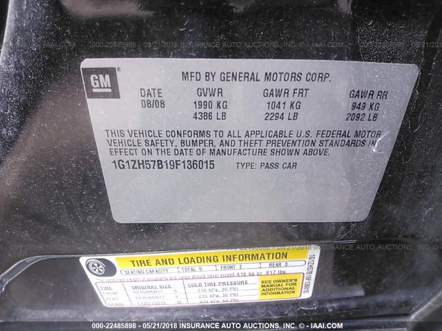 1G1ZH57B19F136015 - 2009 CHEVROLET MALIBU 1LT 灰色 照片 9