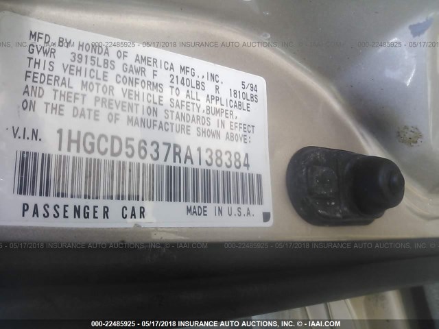 1HGCD5637RA138384 - 1994 HONDA ACCORD LX/EX BEIGE photo 9