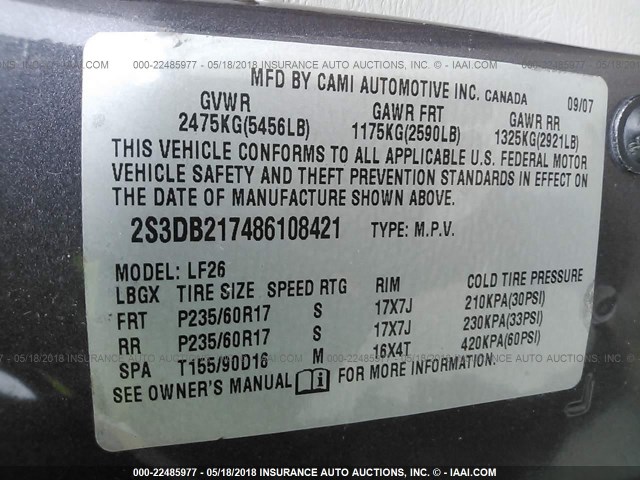 2S3DB217486108421 - 2008 SUZUKI XL7 GRAY photo 9