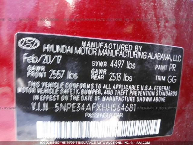 5NPE34AFXHH564681 - 2017 HYUNDAI SONATA SPORT/LIMITED RED photo 9