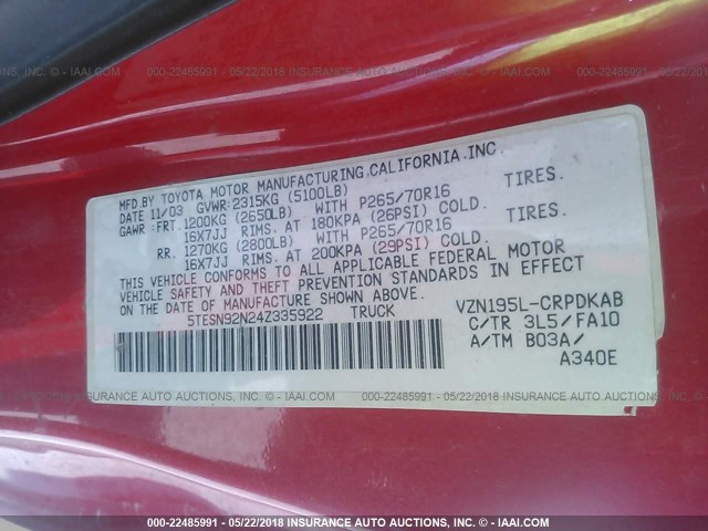 5TESN92N24Z335922 - 2004 TOYOTA TACOMA XTRACAB PRERUNNER წითელი ფოტო 9