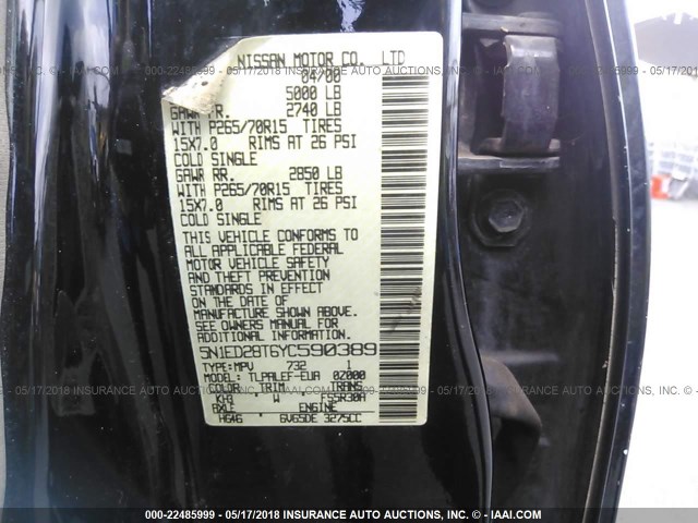 5N1ED28T6YC590389 - 2000 NISSAN XTERRA XE/SE BLACK photo 9