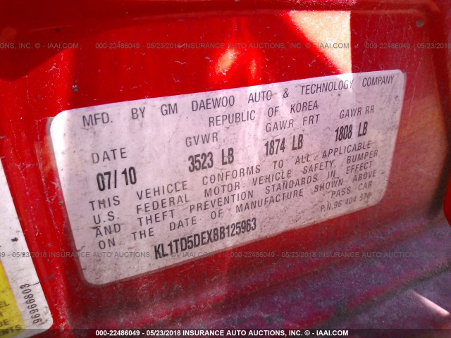 KL1TD5DEXBB125963 - 2011 CHEVROLET AVEO LS/LT 红色 照片 9