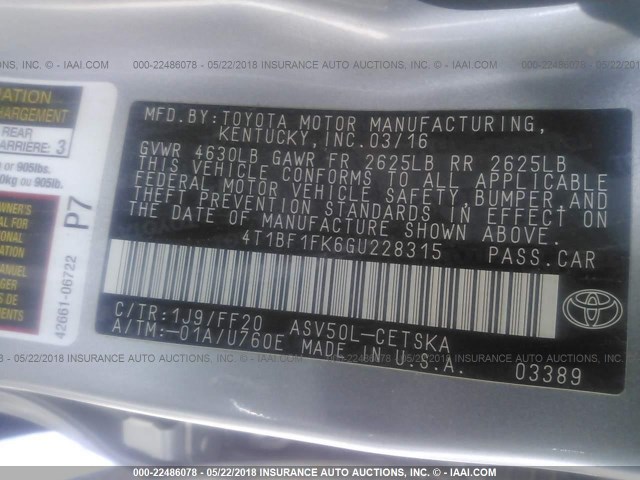 4T1BF1FK6GU228315 - 2016 TOYOTA CAMRY LE/XLE/SE/XSE SILVER photo 9