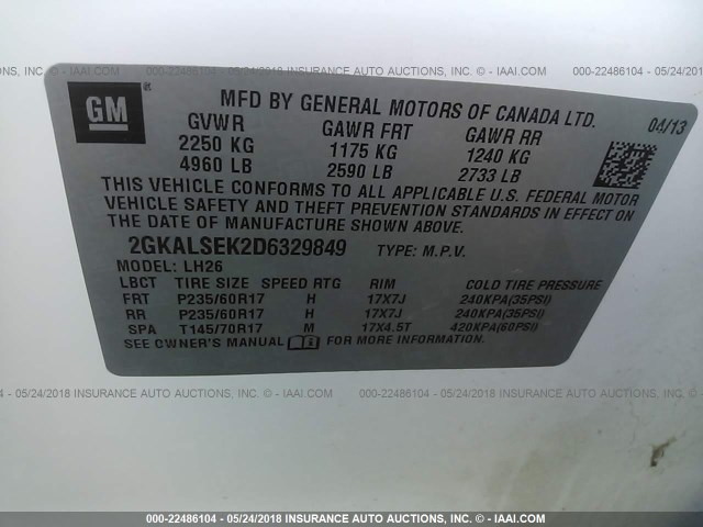 2GKALSEK2D6329849 - 2013 GMC TERRAIN SLE WHITE photo 9