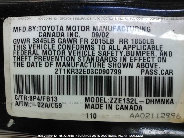 2T1KR32E03C090799 - 2003 TOYOTA COROLLA MATRIX XR BLUE photo 9