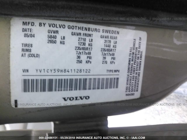 YV1CY59H841128122 - 2004 VOLVO XC90 BEIGE photo 9