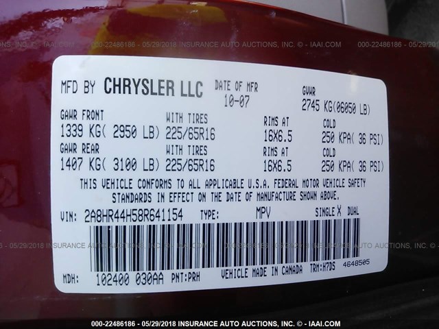 2A8HR44H58R641154 - 2008 CHRYSLER TOWN & COUNTRY LX RED photo 9