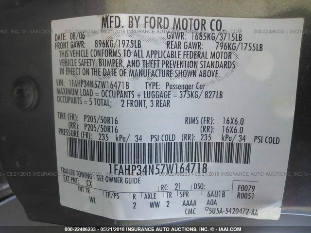 1FAHP34N57W164718 - 2007 FORD FOCUS ZX4/S/SE/SES GRAY photo 9