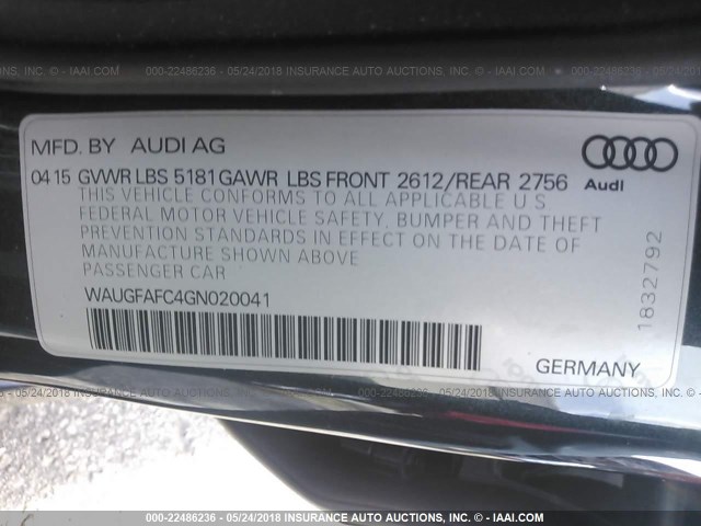 WAUGFAFC4GN020041 - 2016 AUDI A6 PREMIUM PLUS GRAY photo 9