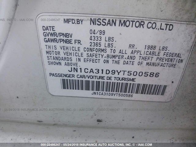 JN1CA31D9YT500586 - 2000 NISSAN MAXIMA GLE/GXE/SE WHITE photo 9