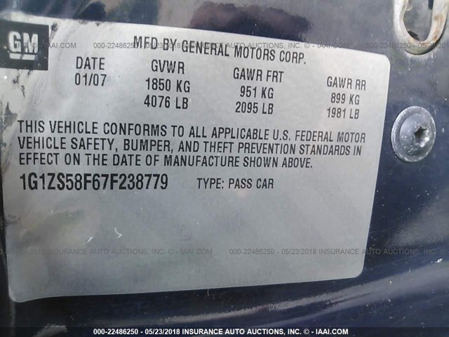 1G1ZS58F67F238779 - 2007 CHEVROLET MALIBU LS ლურჯი ფოტო 9