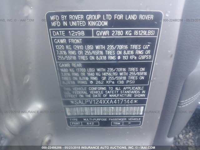 SALPV124XXA417144 - 1999 LAND ROVER RANGE ROVER 4.0 SE LONG WHEELBASE SILVER photo 9