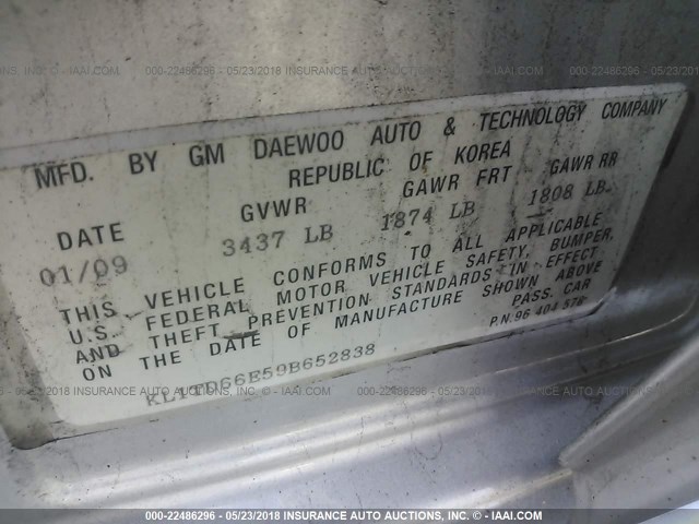 KL1TD66E59B652838 - 2009 CHEVROLET AVEO LS/LT 银色 照片 9