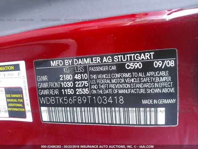 WDBTK56F89T103418 - 2009 MERCEDES-BENZ CLK 350 RED photo 9