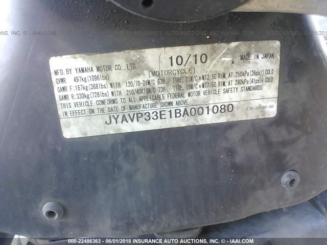 JYAVP33E1BA001080 - 2011 YAMAHA XVS1300 CU BLUE photo 10