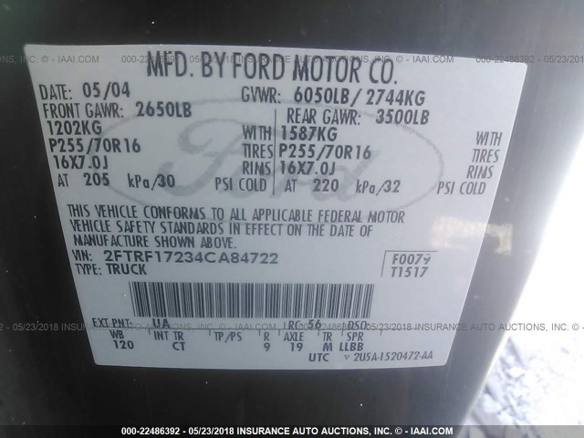 2FTRF17234CA84722 - 2004 FORD F-150 HERITAGE CLASSIC BLACK photo 9