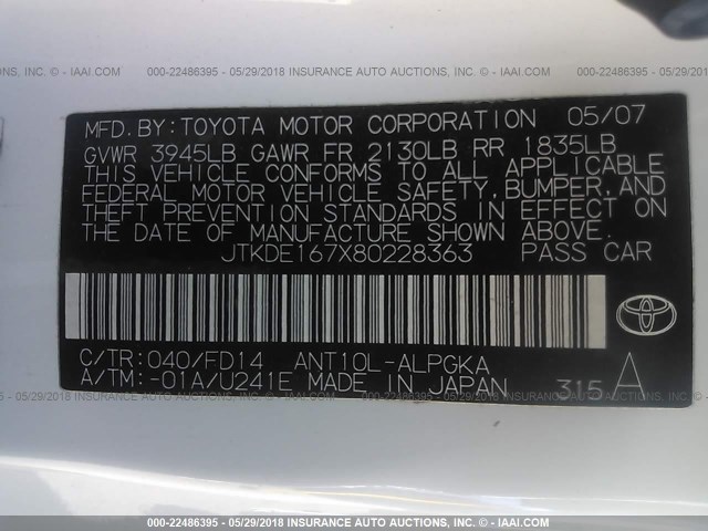 JTKDE167X80228363 - 2008 TOYOTA SCION TC WHITE photo 9