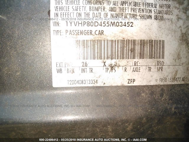 1YVHP80D455M03452 - 2005 MAZDA 6 S GRAY photo 9