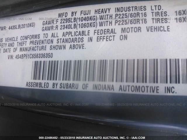 4S4BP61C656336350 - 2005 SUBARU LEGACY OUTBACK 2.5I BLUE photo 9