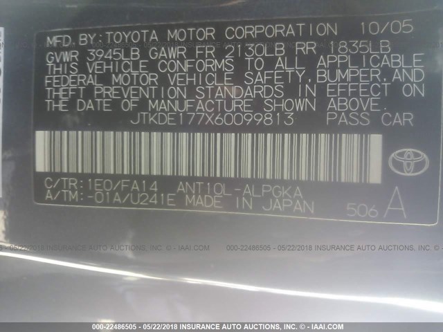 JTKDE177X60099813 - 2006 TOYOTA SCION TC 灰色 照片 9